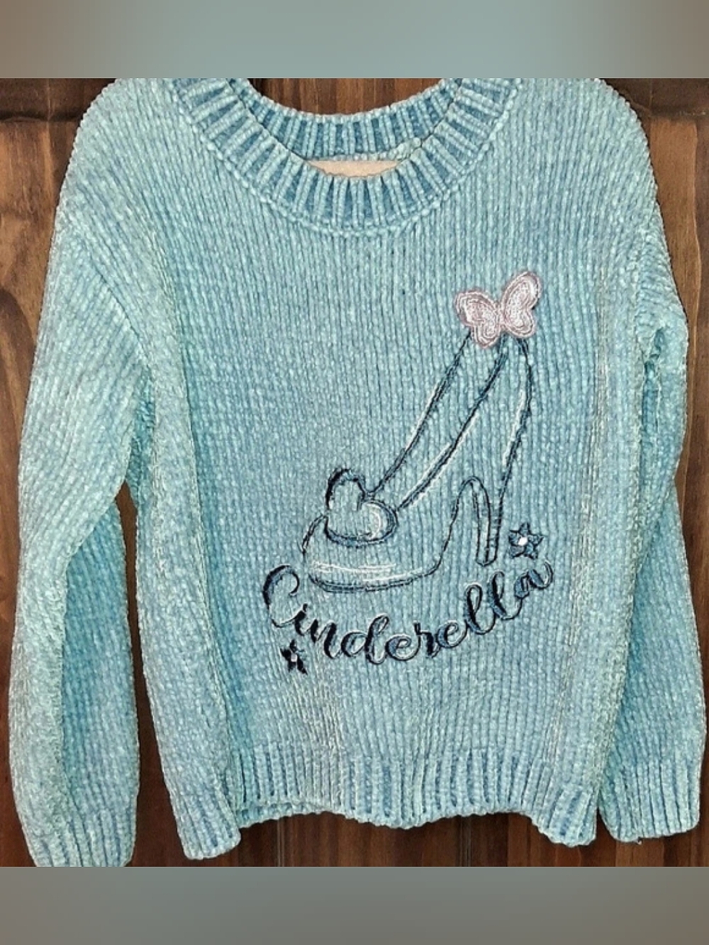 Disney Princess Cinderella Glass Slipper Blue Embroidered Crewneck Sweater 4T
